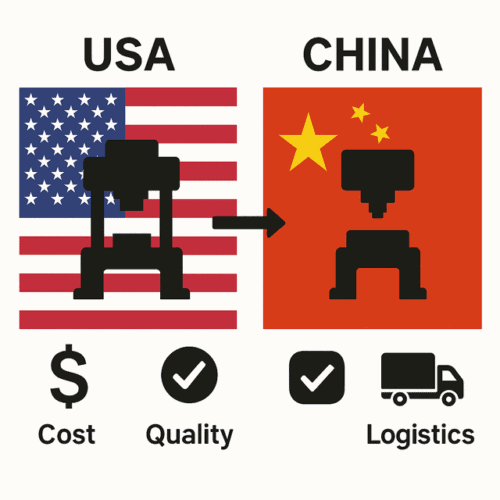 A flat-style infographic showing the U.S. flag on the left and China’s flag on the right, each with a black metal stamping press icon overlaid. Below are three icons labeled “Cost” (dollar sign), “Quality” (checkmark), and “Logistics” (truck) to illustrate key comparison factors.